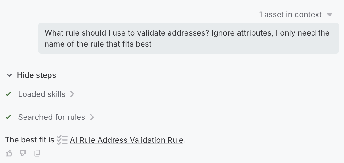 An AI Agent response with the rating icons below it