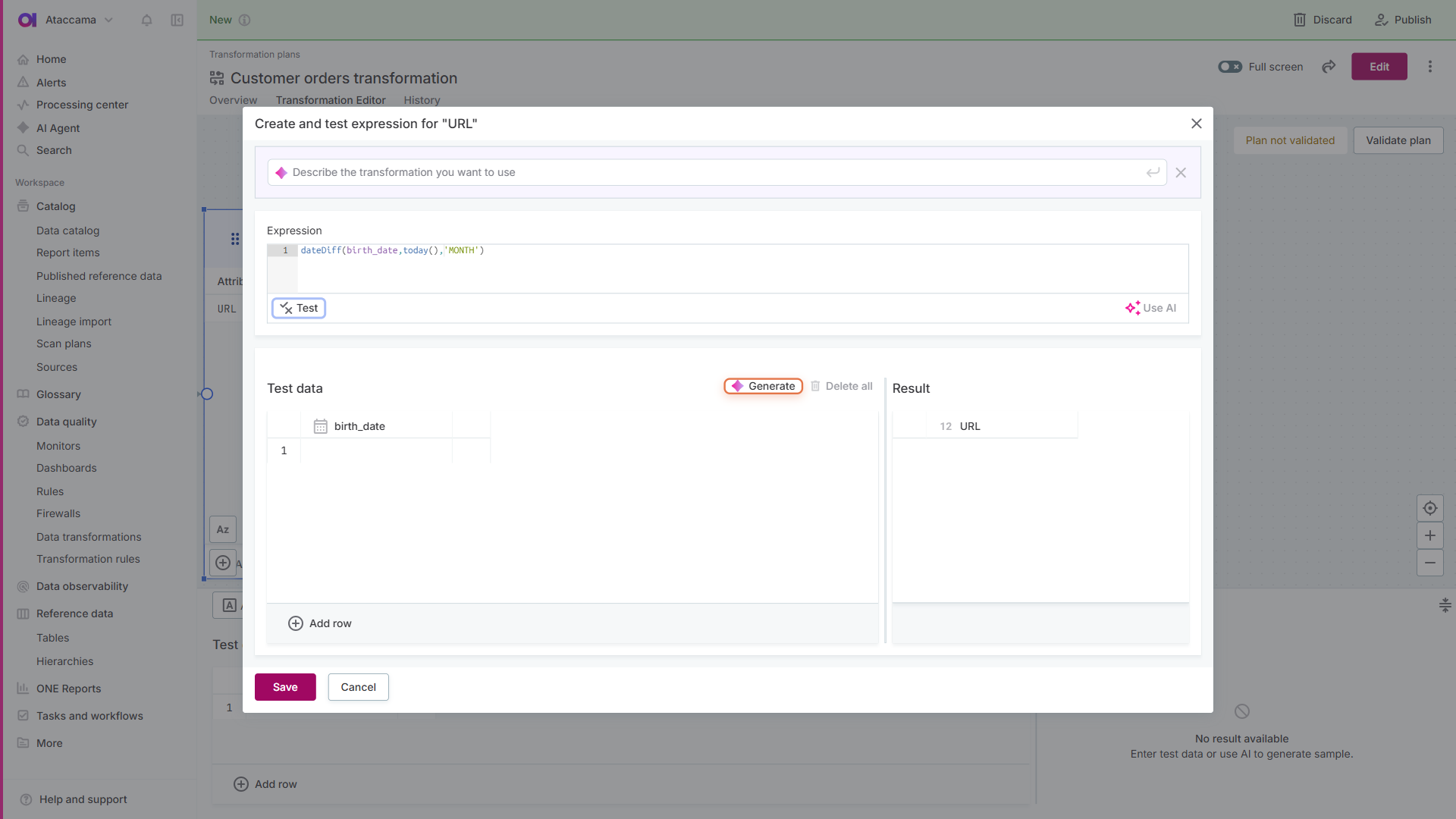 Expression testing dialog with Generate button for AI-generated test data