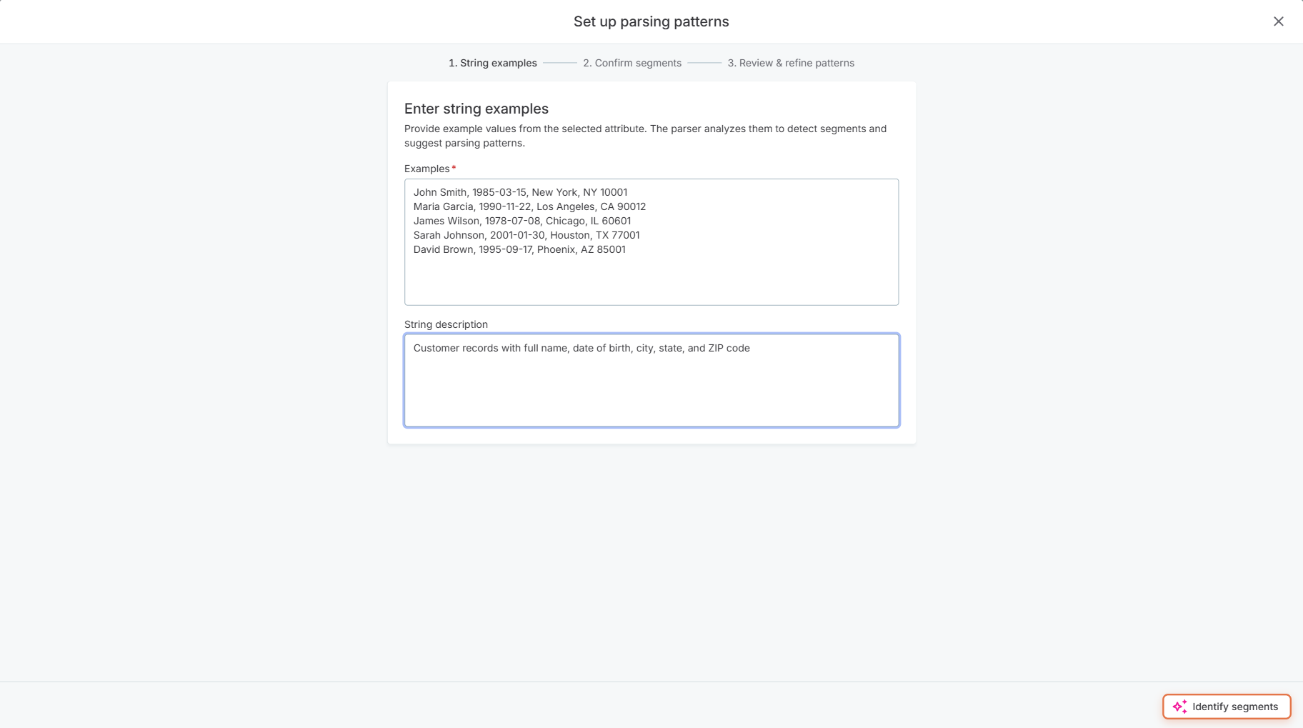 Pattern Parser setup wizard with string examples and Identify segments button