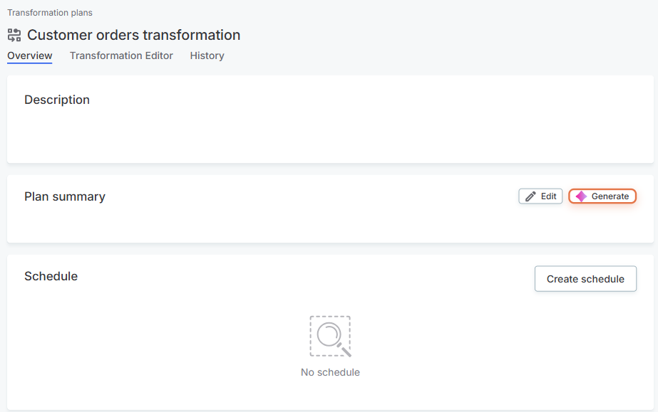 Plan summary section with Generate button on the transformation plan Overview tab