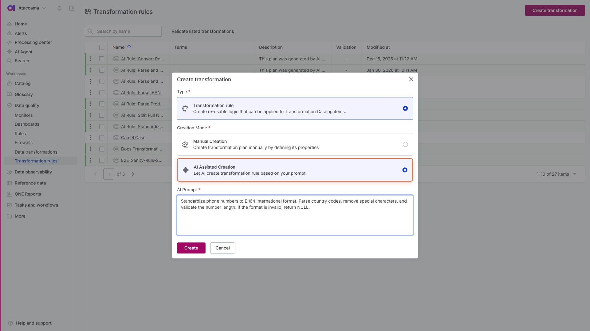Create transformation dialog with AI Assisted Creation mode and AI Prompt field