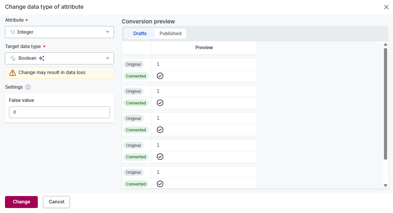 Change attribute Data type dialog with conversion preview