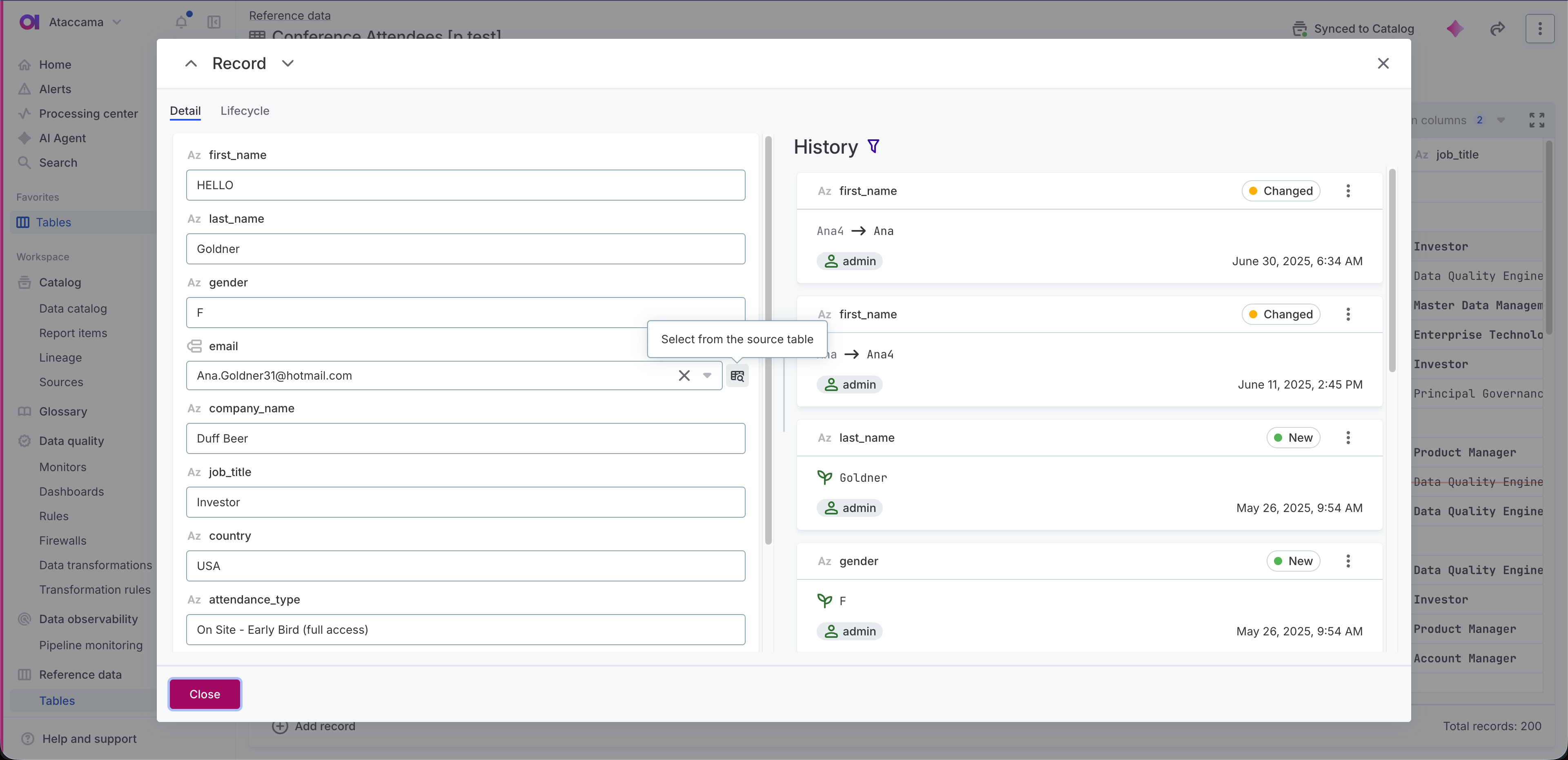 Record detail with the Select from the source table icon highlighted next to a connected attribute field