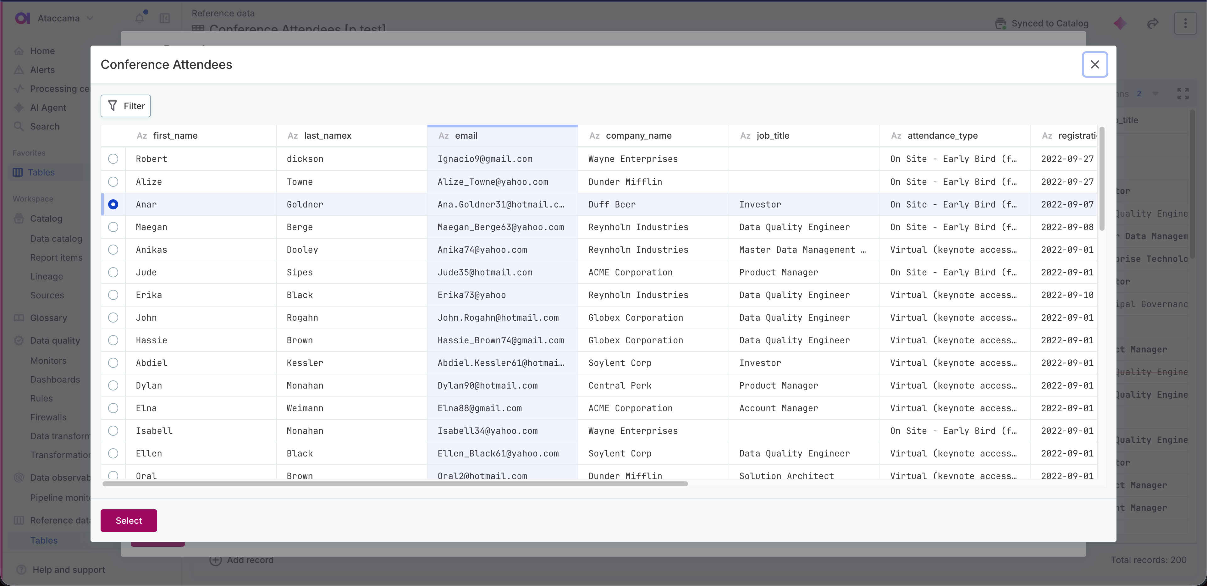 Source table dialog listing source records with a Filter button and a Select action