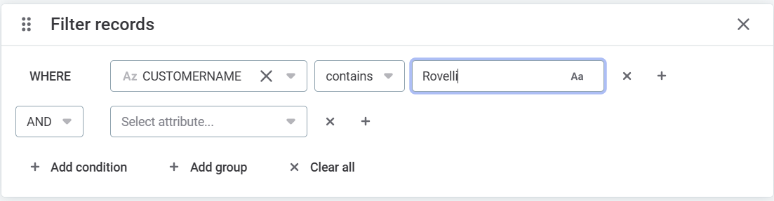 Filter records dialog with condition settings