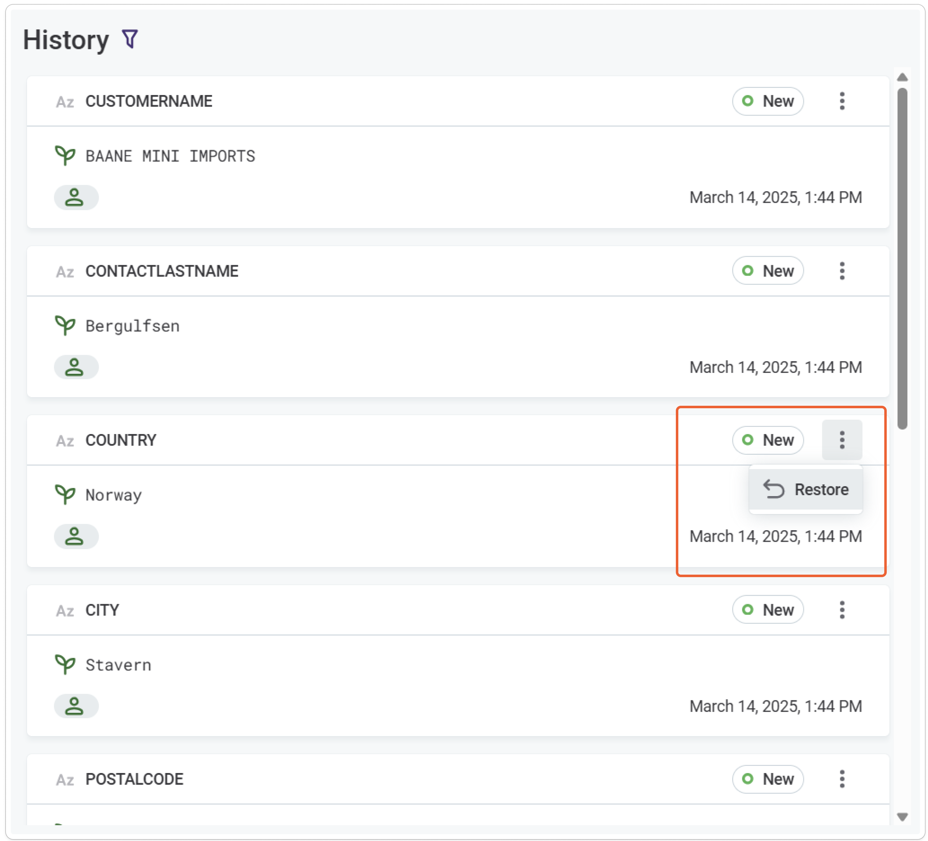 Record history view showing version timeline