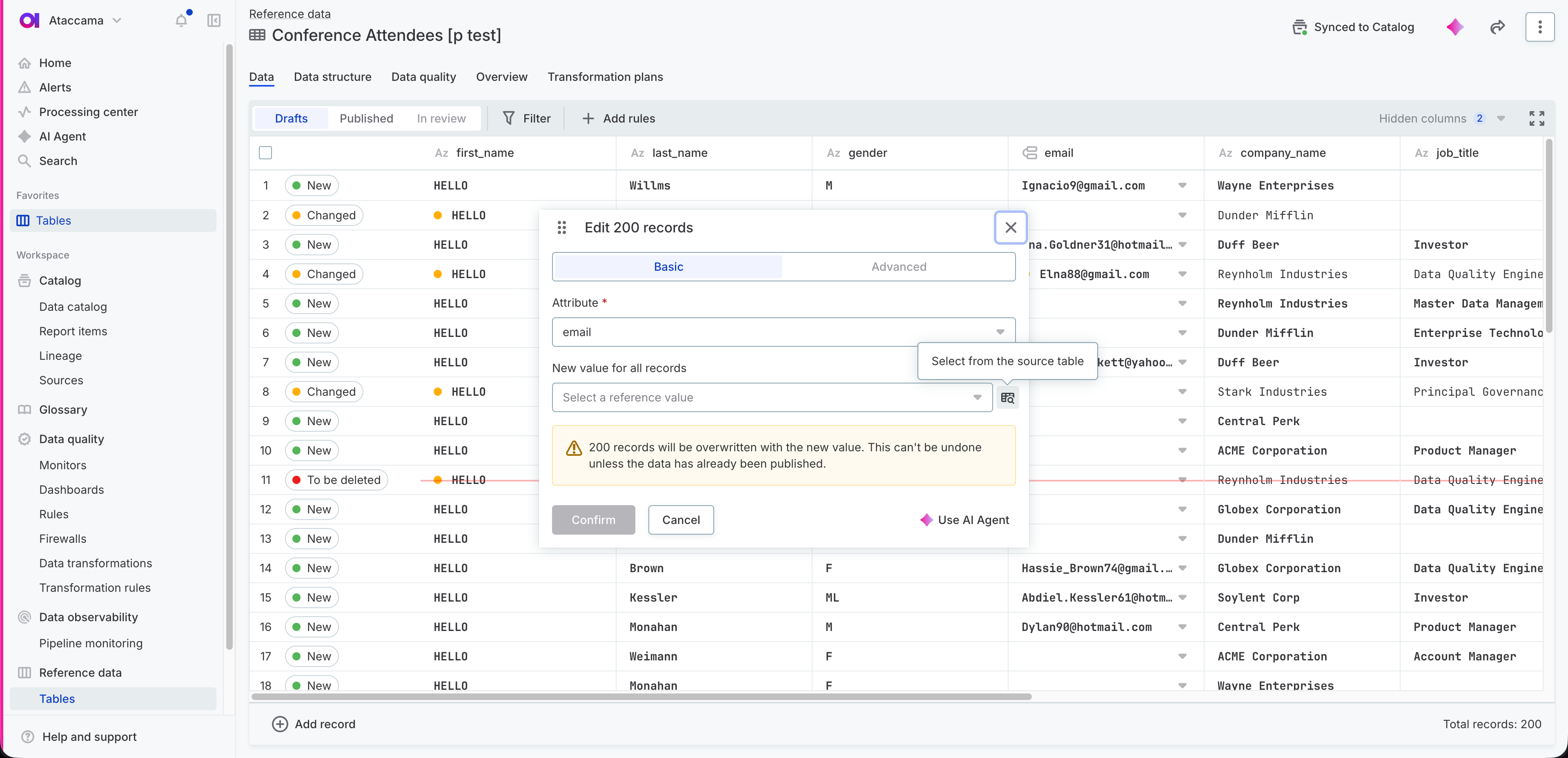 Bulk edit dialog Basic tab with the Select from the source table icon next to the value field