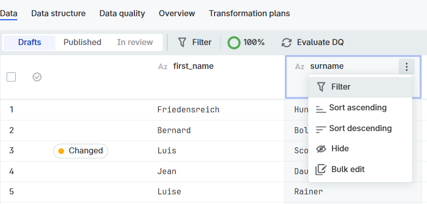 Column header context menu with Bulk Edit option