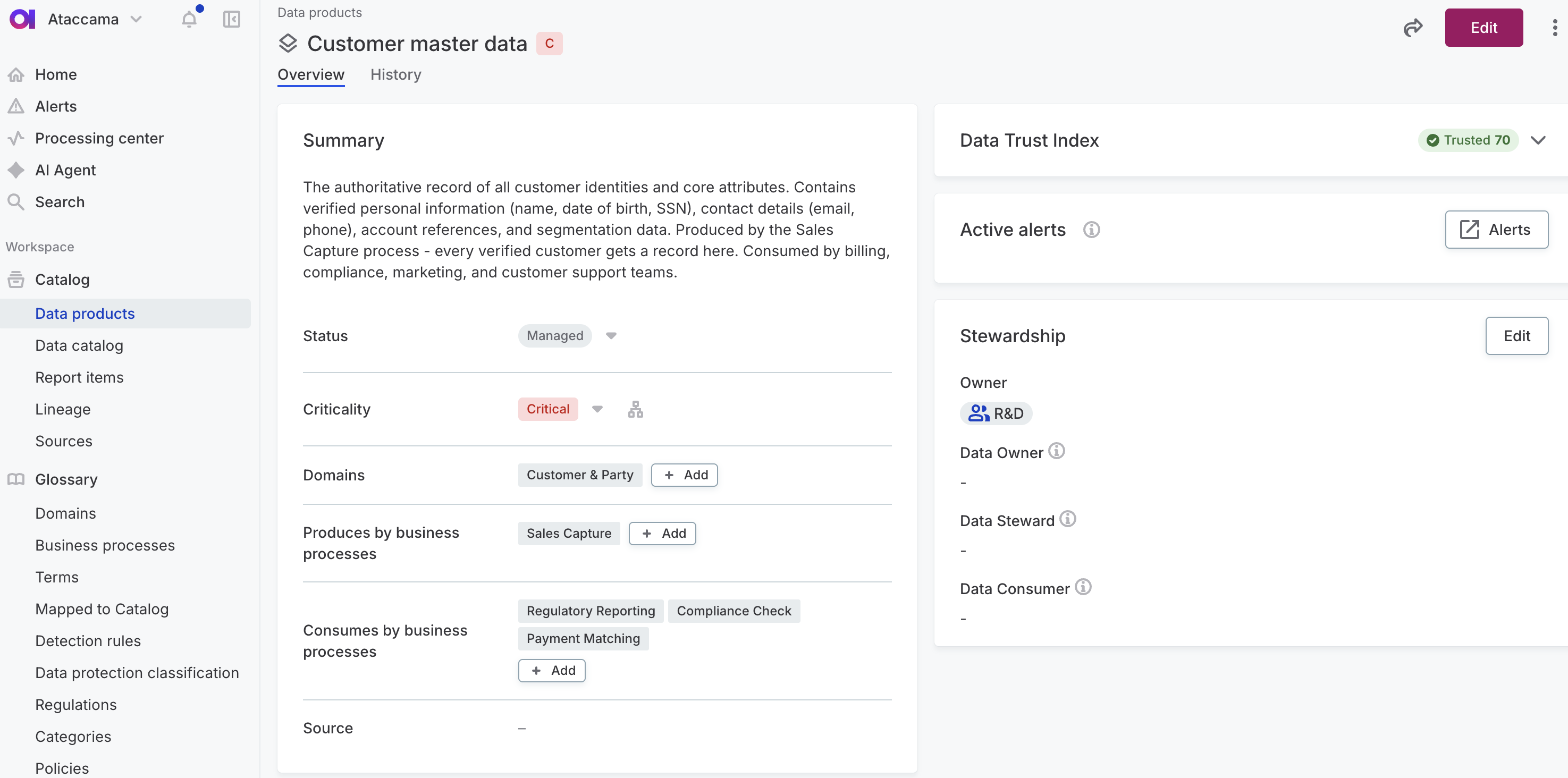 Data product detail with catalog items