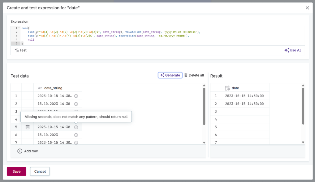 Expression testing interface showing test data and results