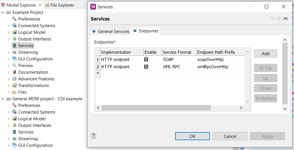 Services endpoint settings tab