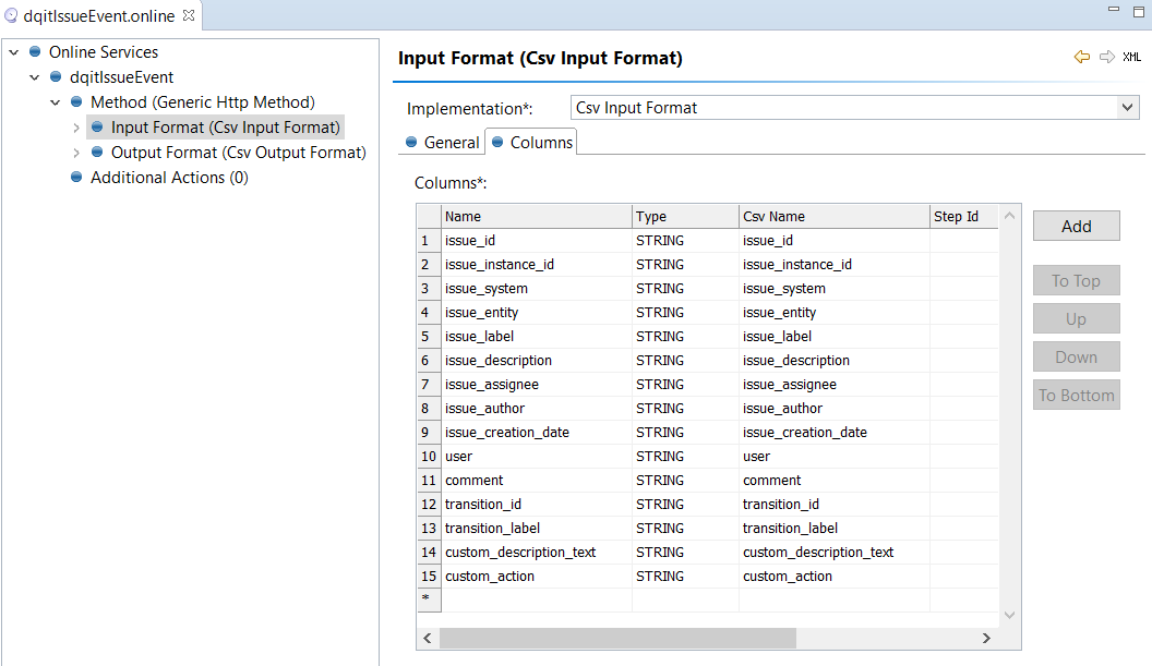 Defining issue columns on input and output