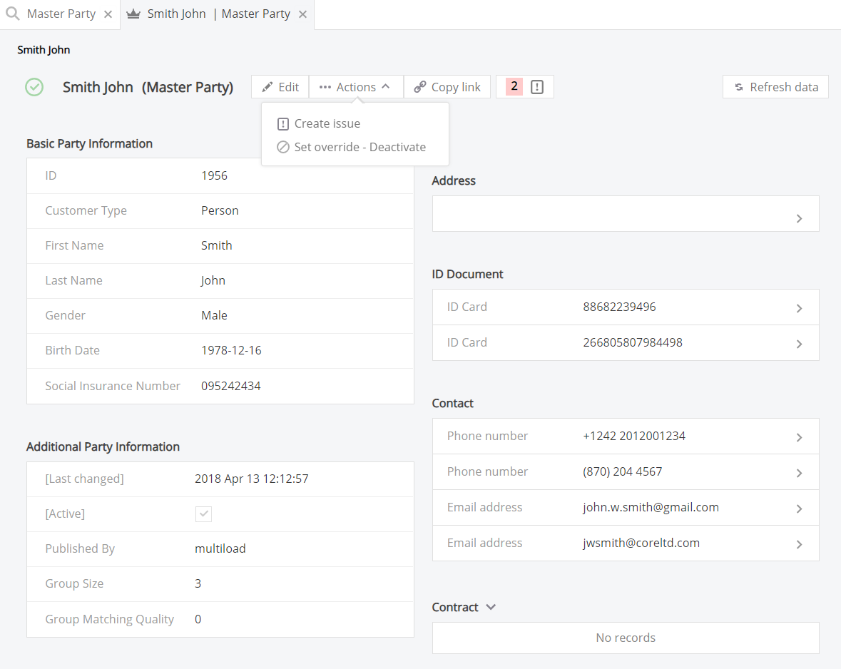 Create issue option in entry detail example