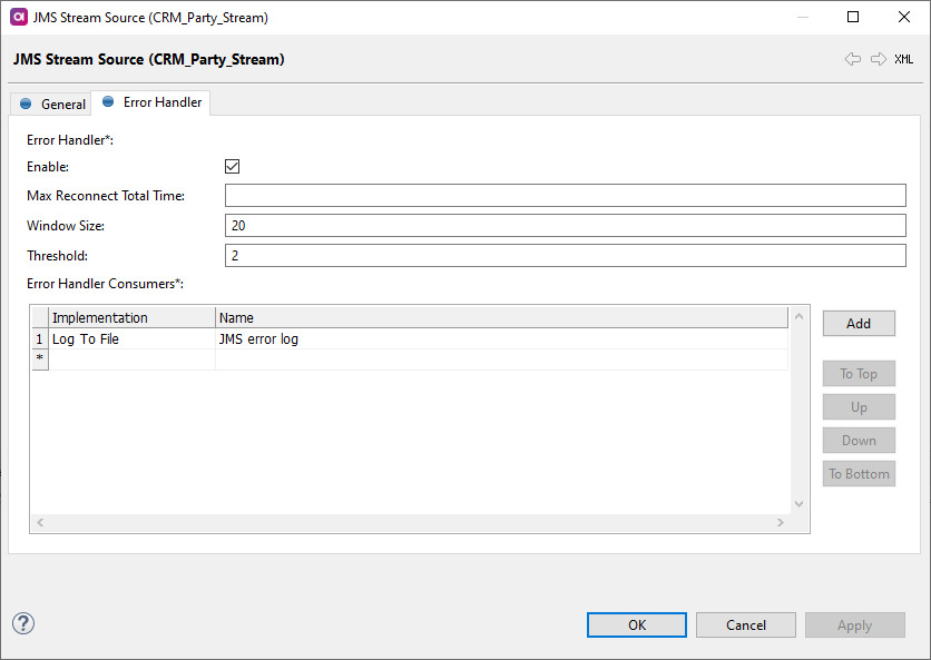 JMS stream source error handler setting tab