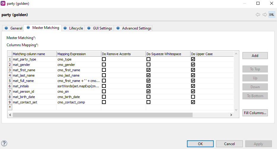 Master Matching settings tab