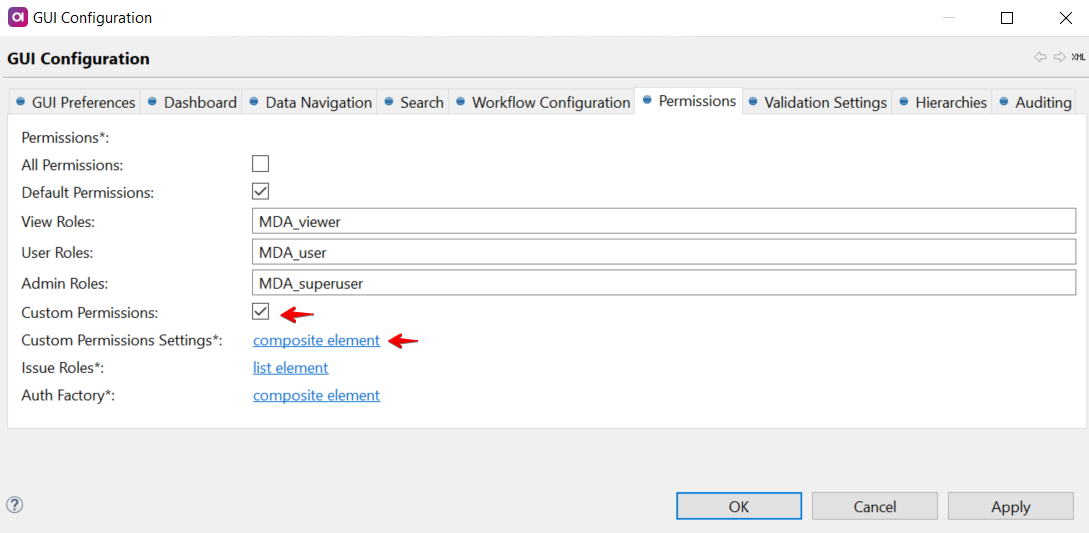 Selecting custom permissions on the Permissions tab