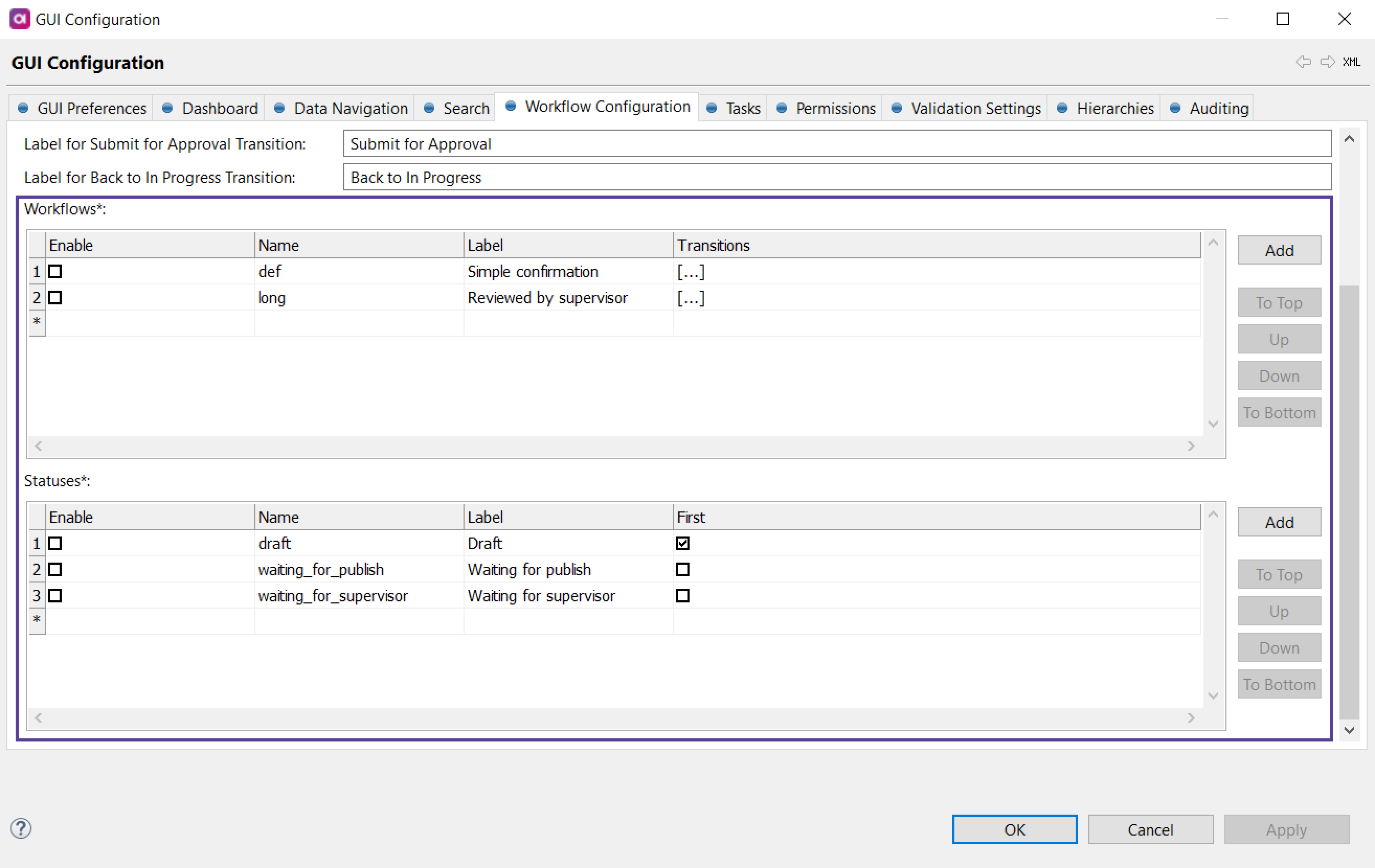 Workflows section on the Workflow Configuration tab