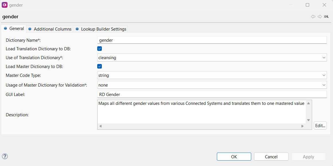 Dictionary general settings tab