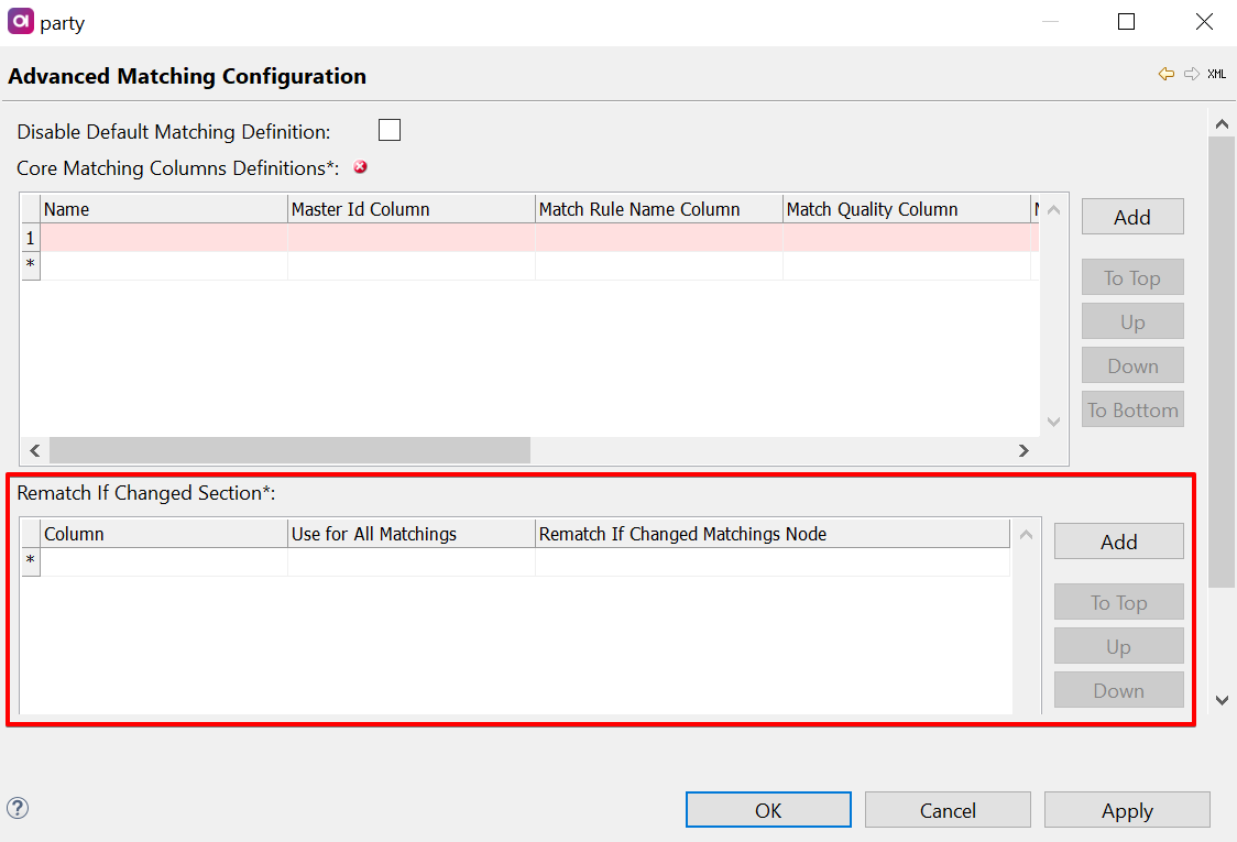 Rematch If Changed section on the Advanced Matching Configuration tab