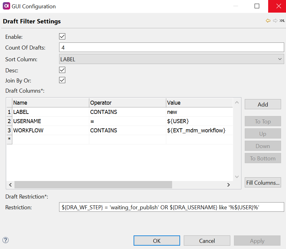 Draft filter settings tab