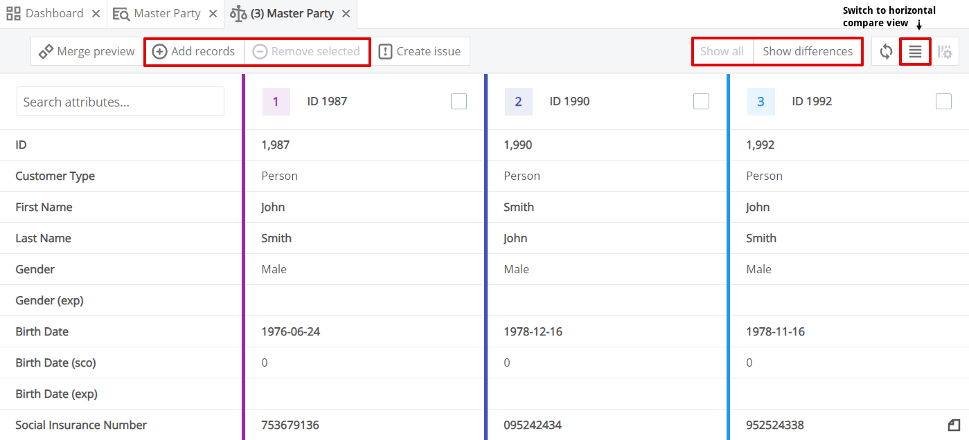 Vertical compare view tab