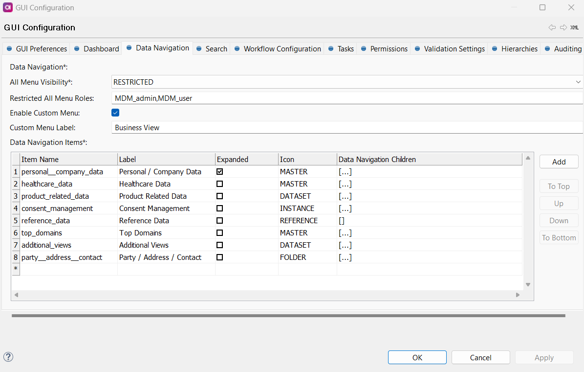 Data Navigation tab under GUI Configuration