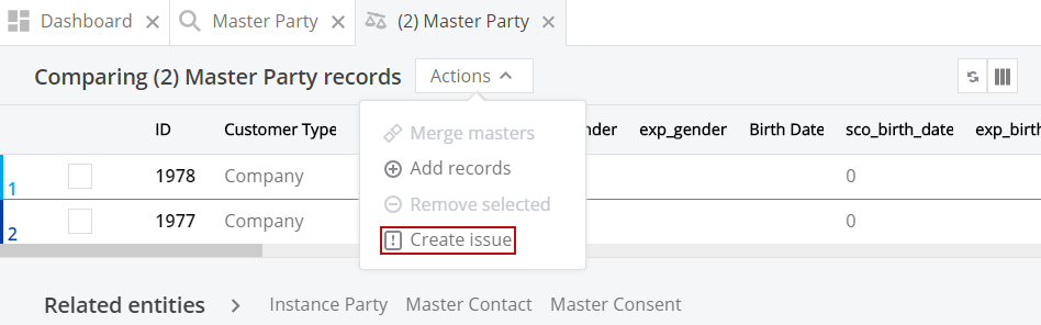 Create issue option in compare view example