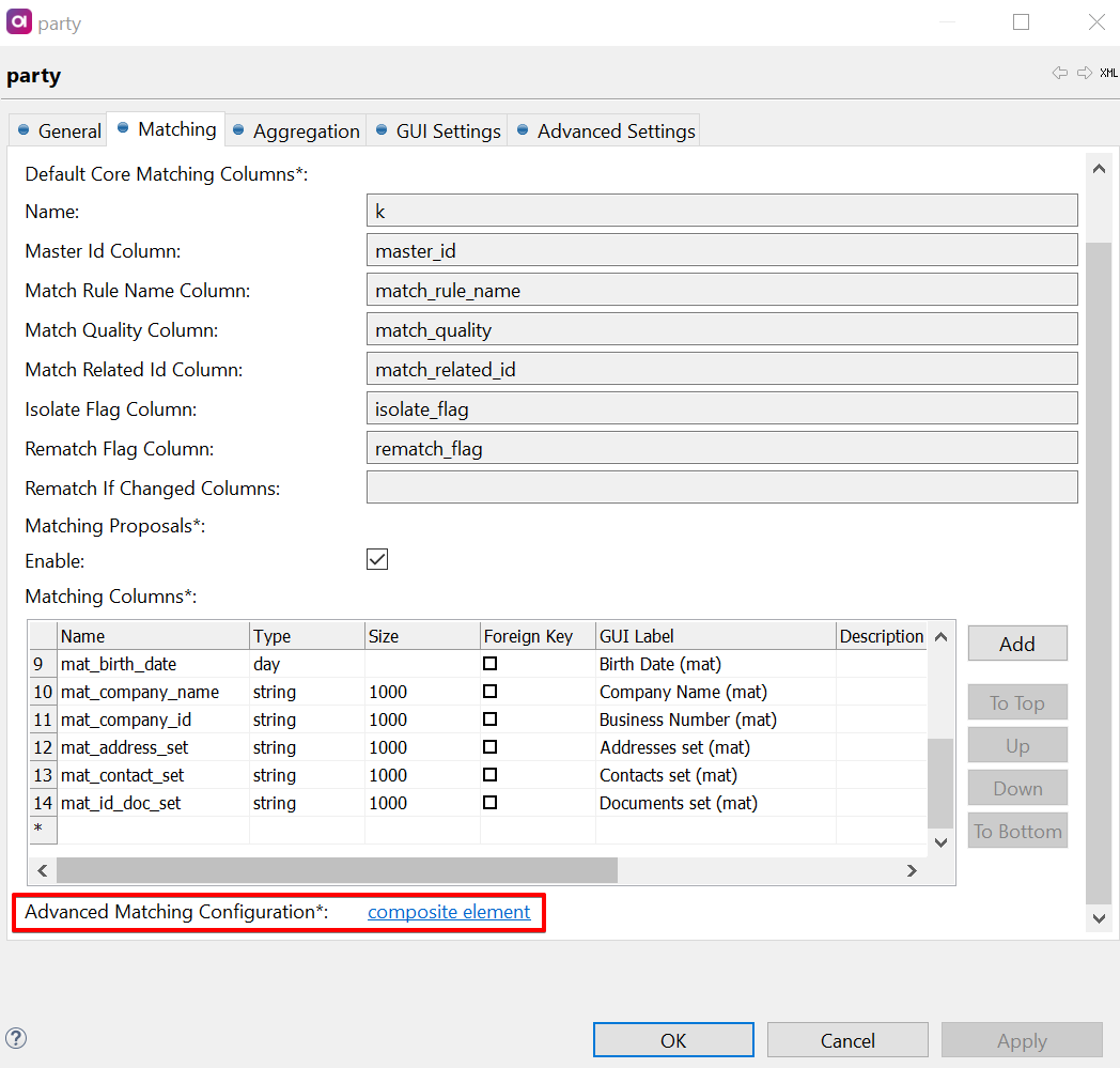 Accessing advanced matching configuration