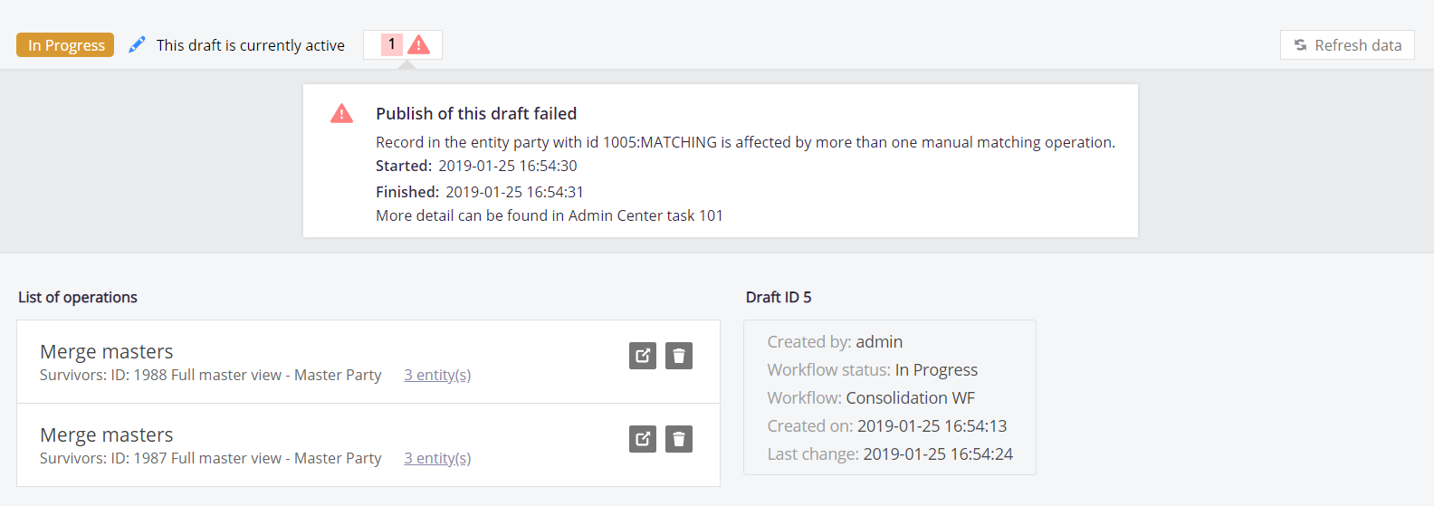 Publishing failed notification in draft detail