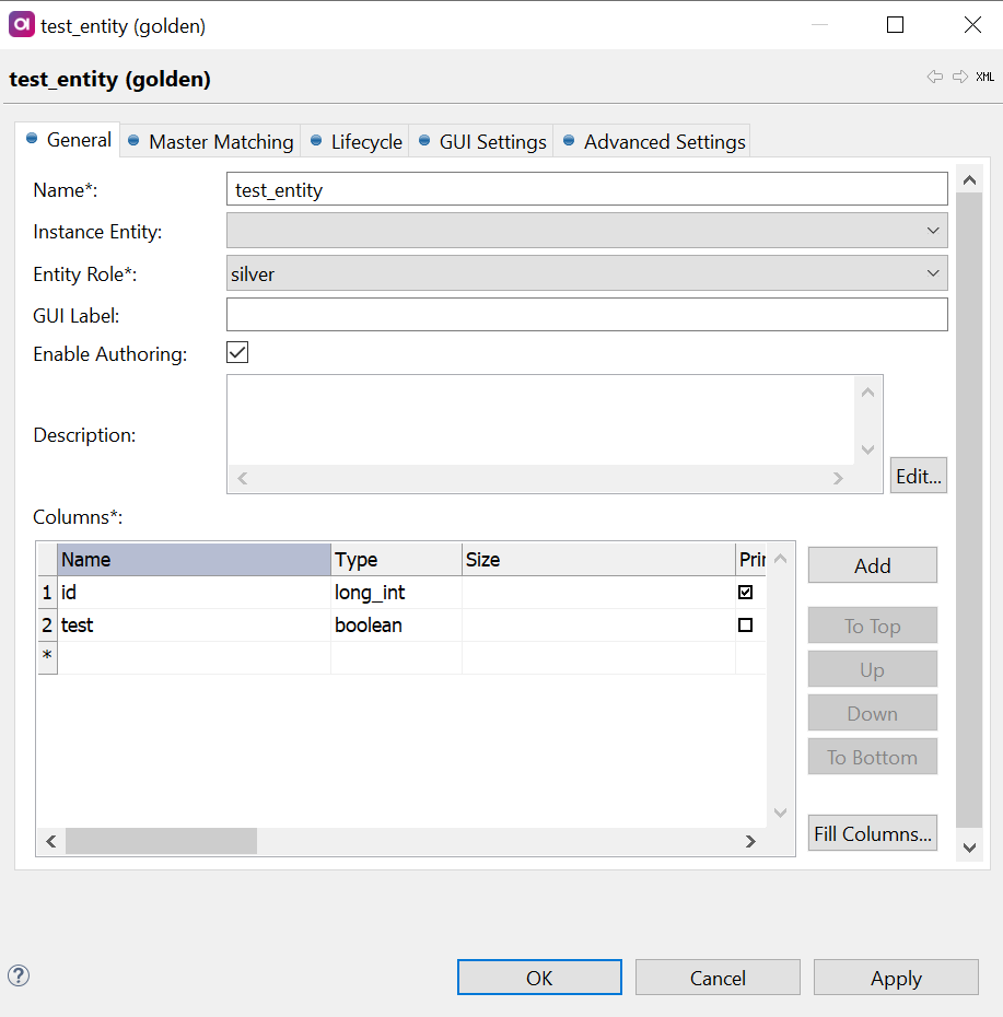 Authored master entity settings