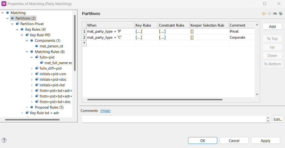 Matching partitions tab