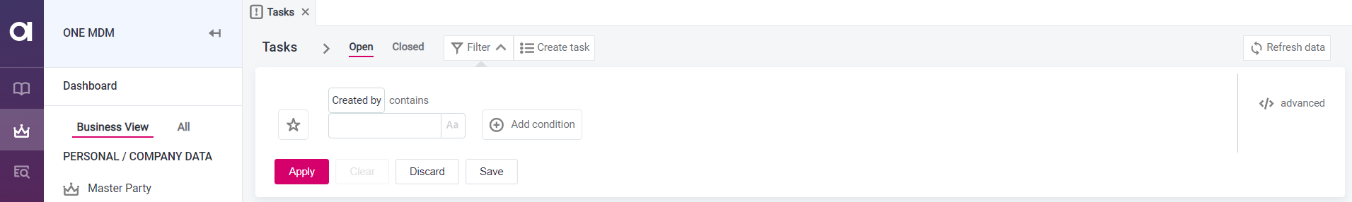 Using filter in Tasks tab