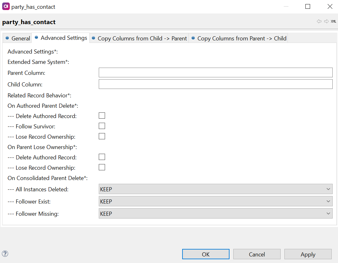 Advanced settings tab with all On Consolidated Value Delete values set to KEEP