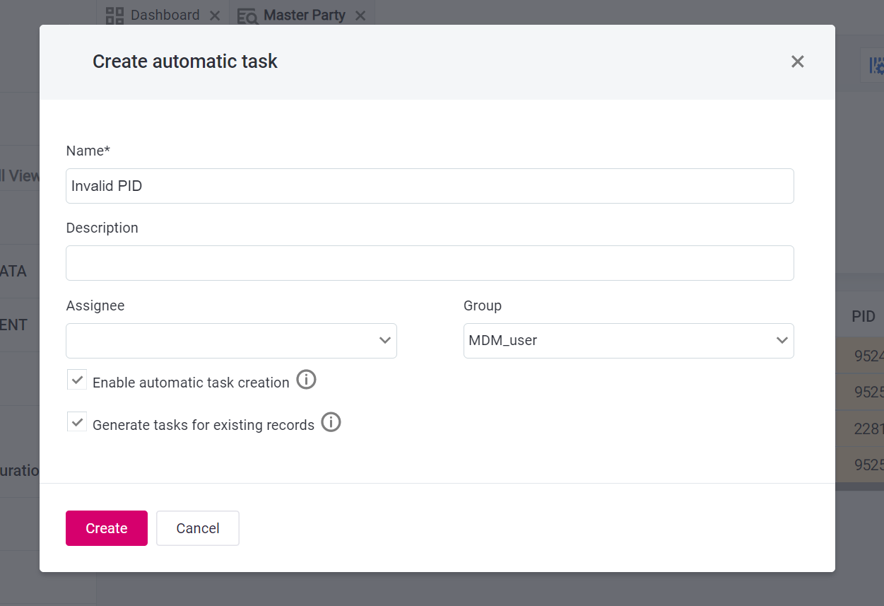 Task creation window