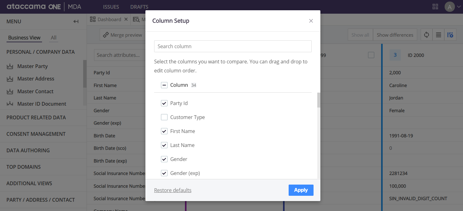 Column setup in compare view