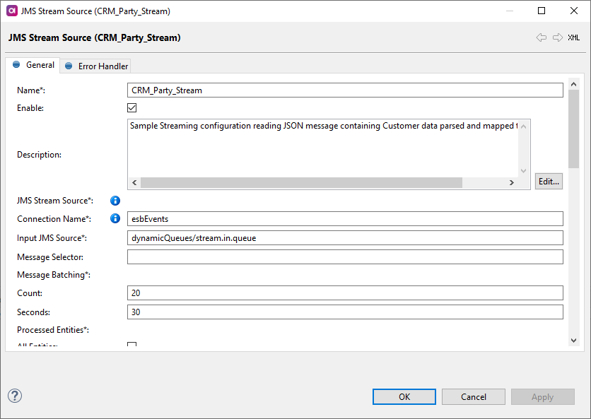 JMS stream source general settings tab