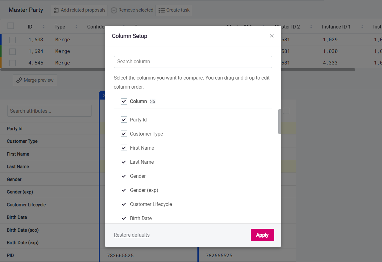 Column setup in compare view