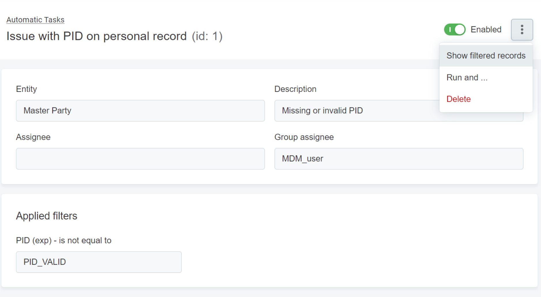 Task configuration detail three dot menu