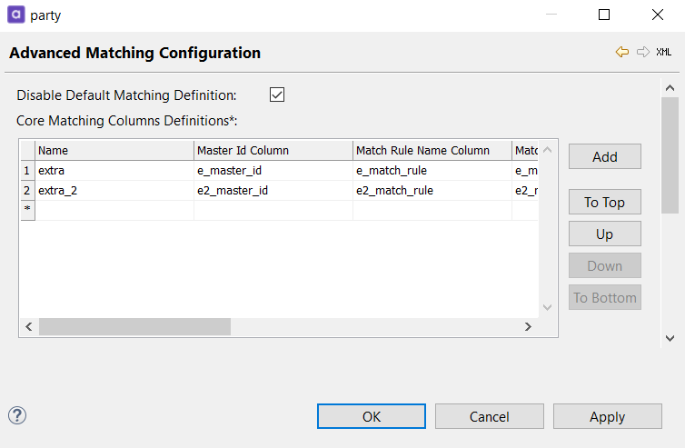 Filled in advanced matching configuration tab