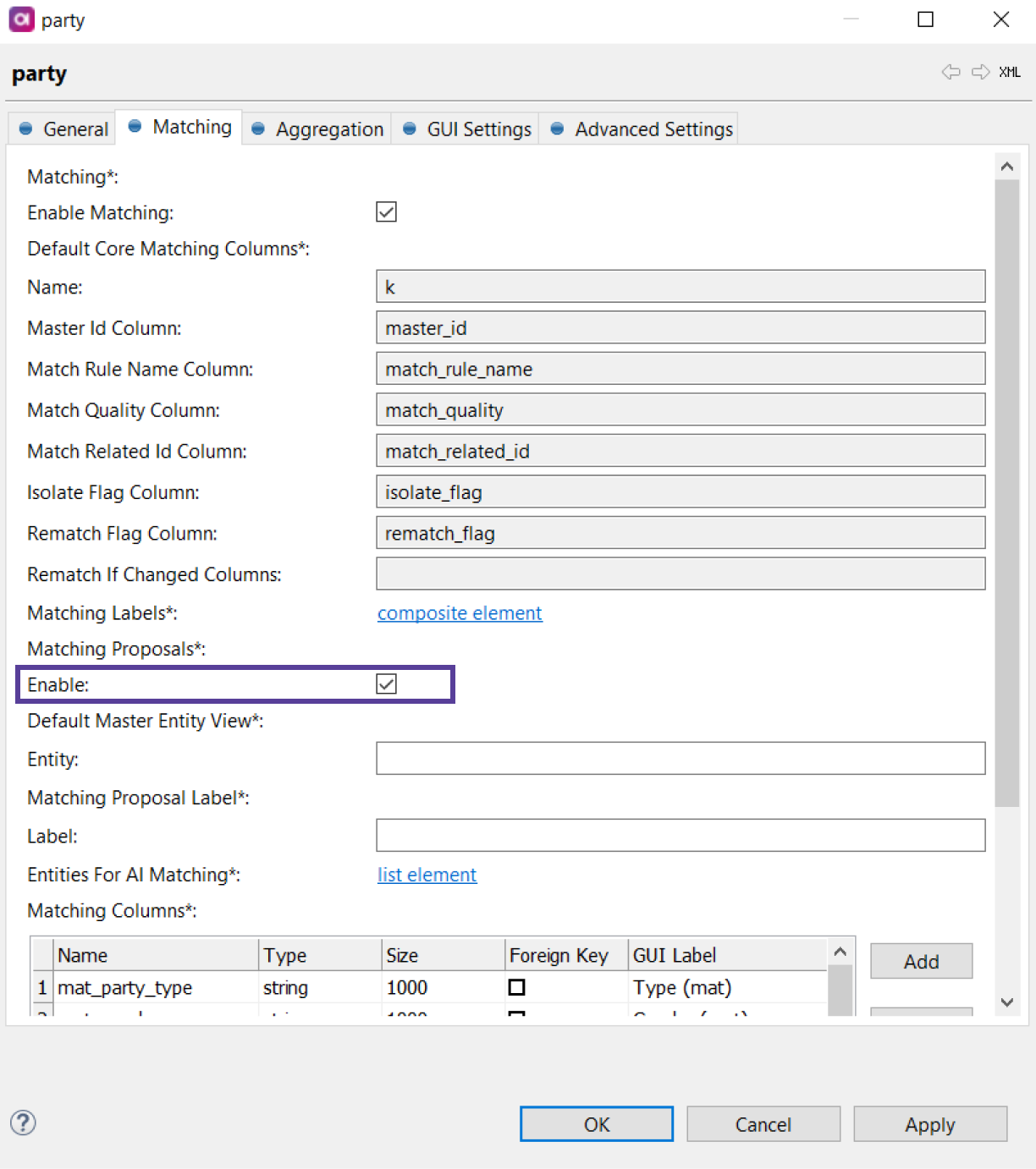 Enabling matching proposals on the Matching tab