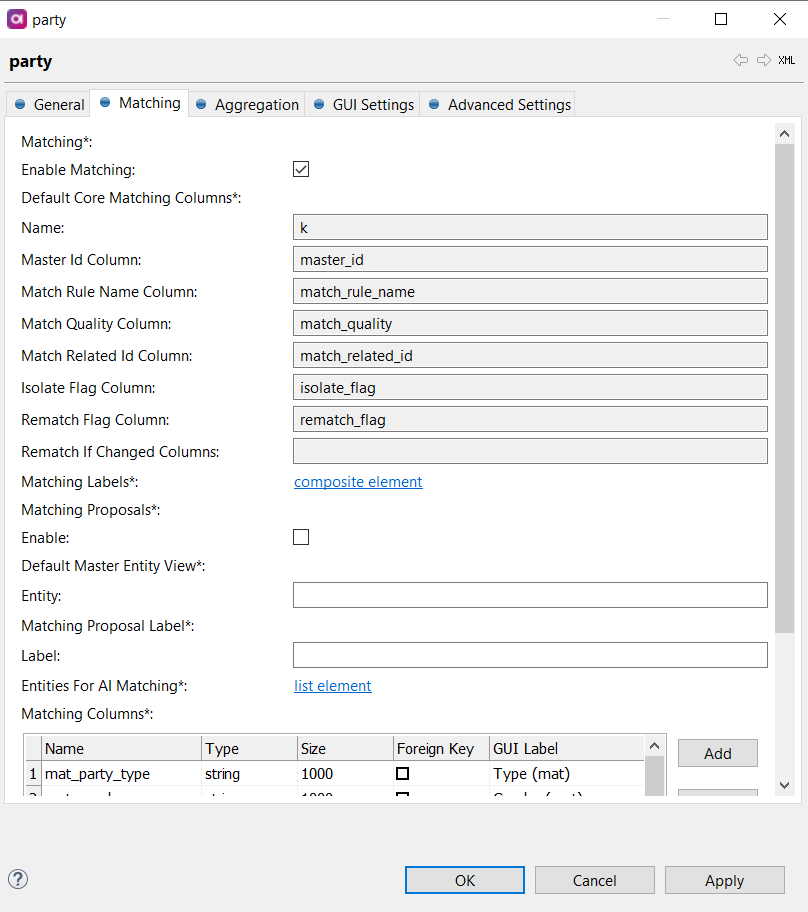 Matching settings tab