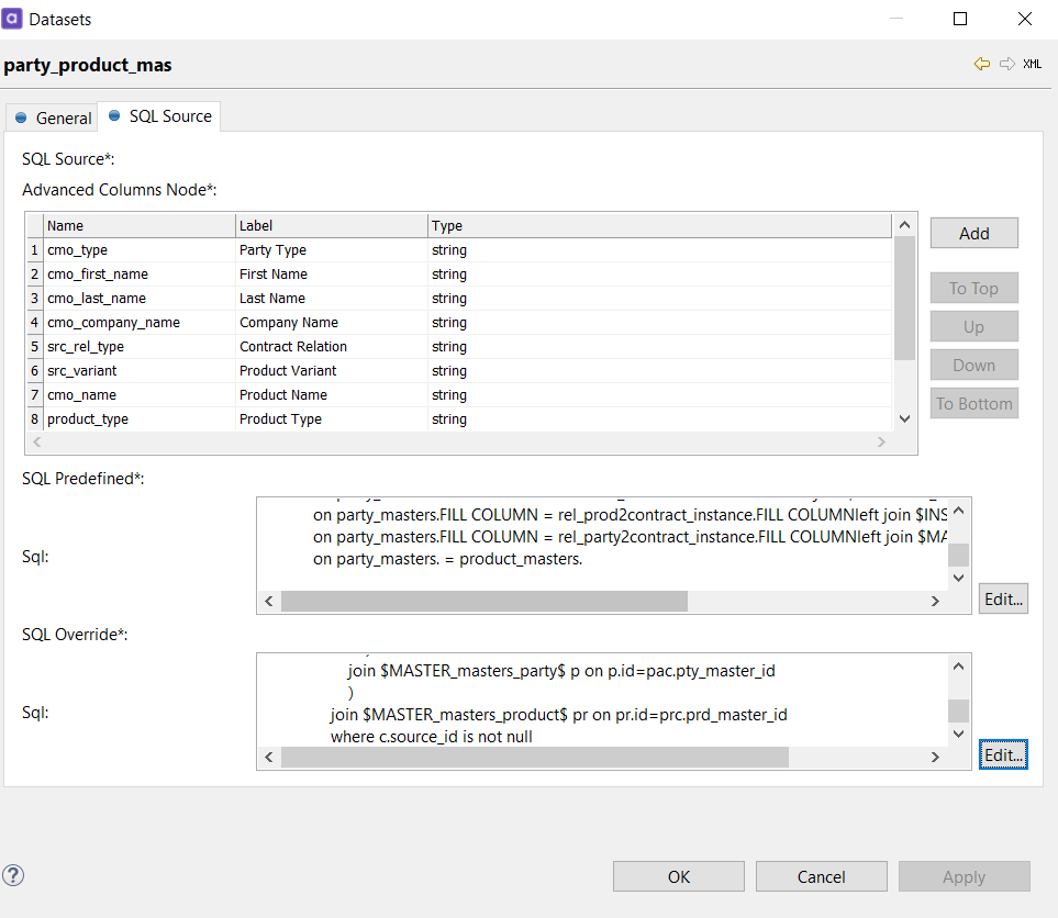 SQL Source tab