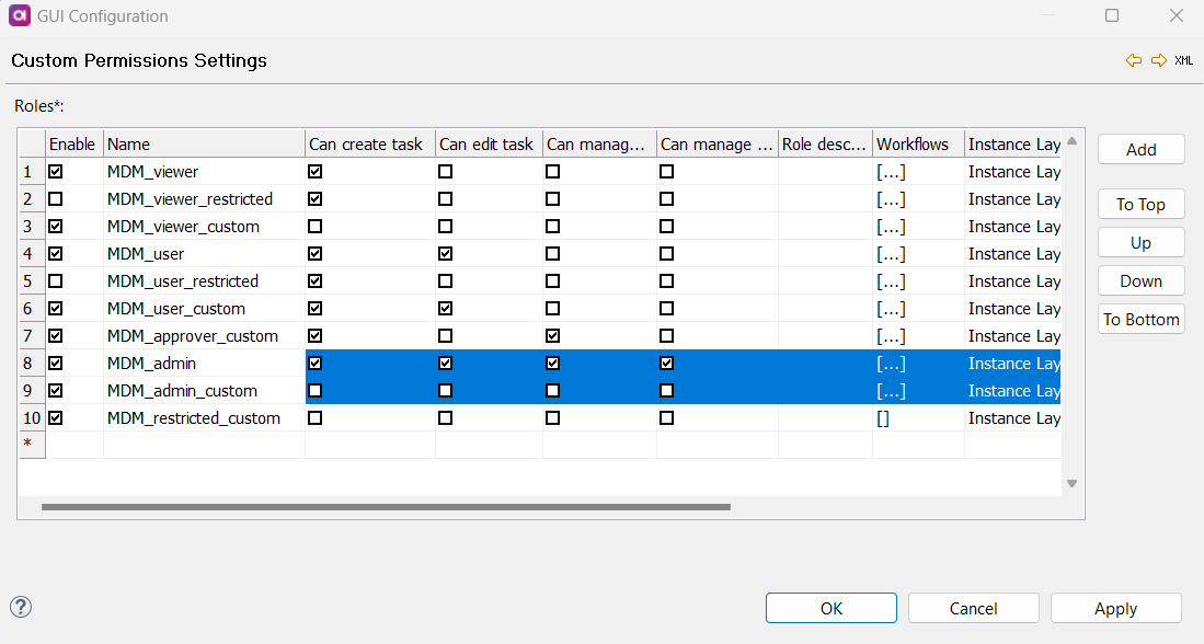 Selecting roles for bulk permission setting