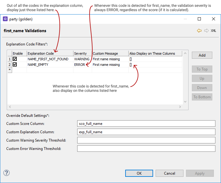 Explanation Code Filters section on the Valiadations tab