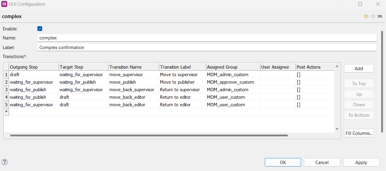 Custom Workflows configuration tab