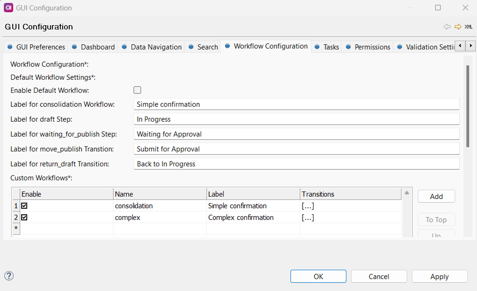 Default workflow configuration tab