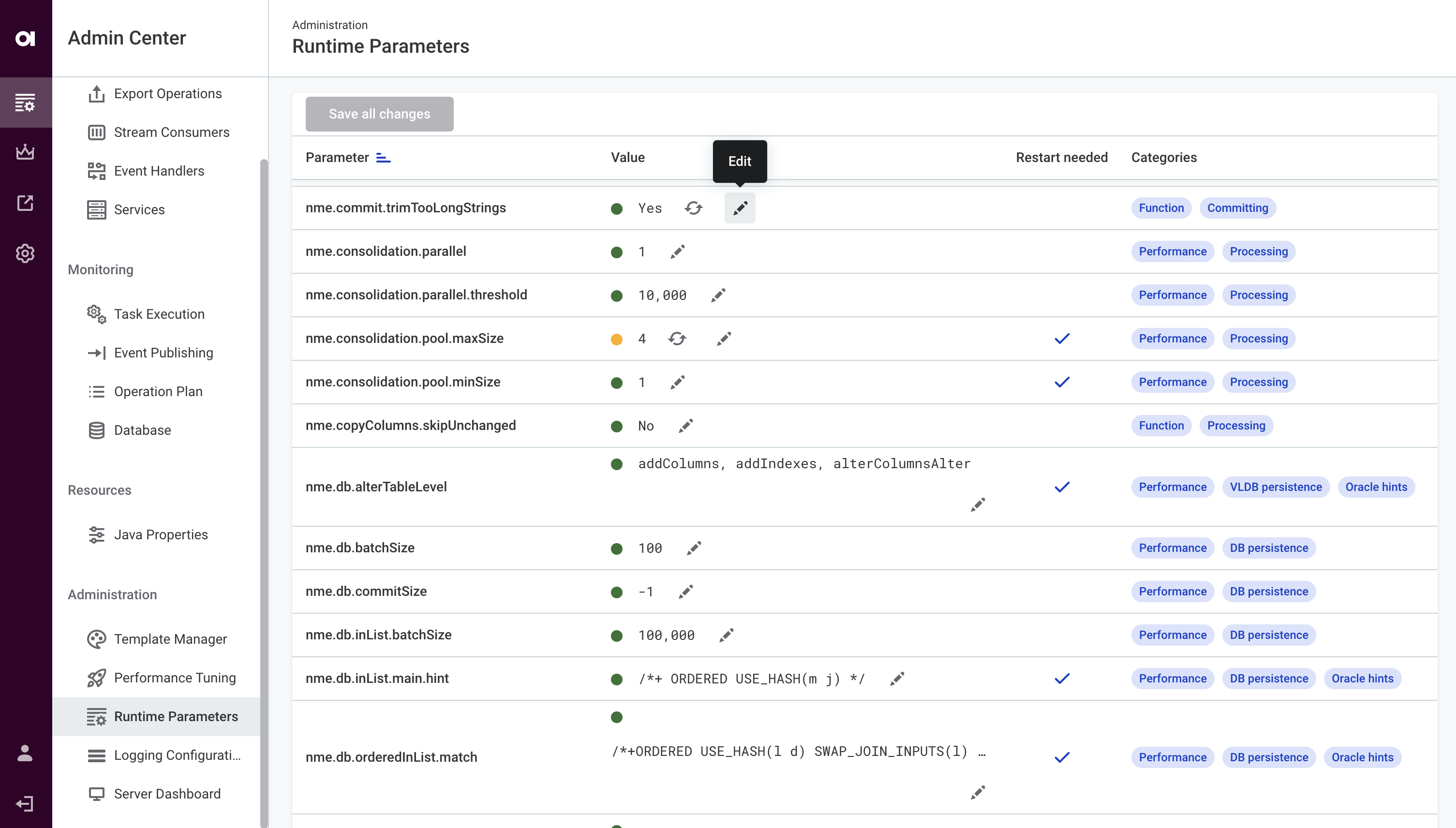 Runtime parameters tab