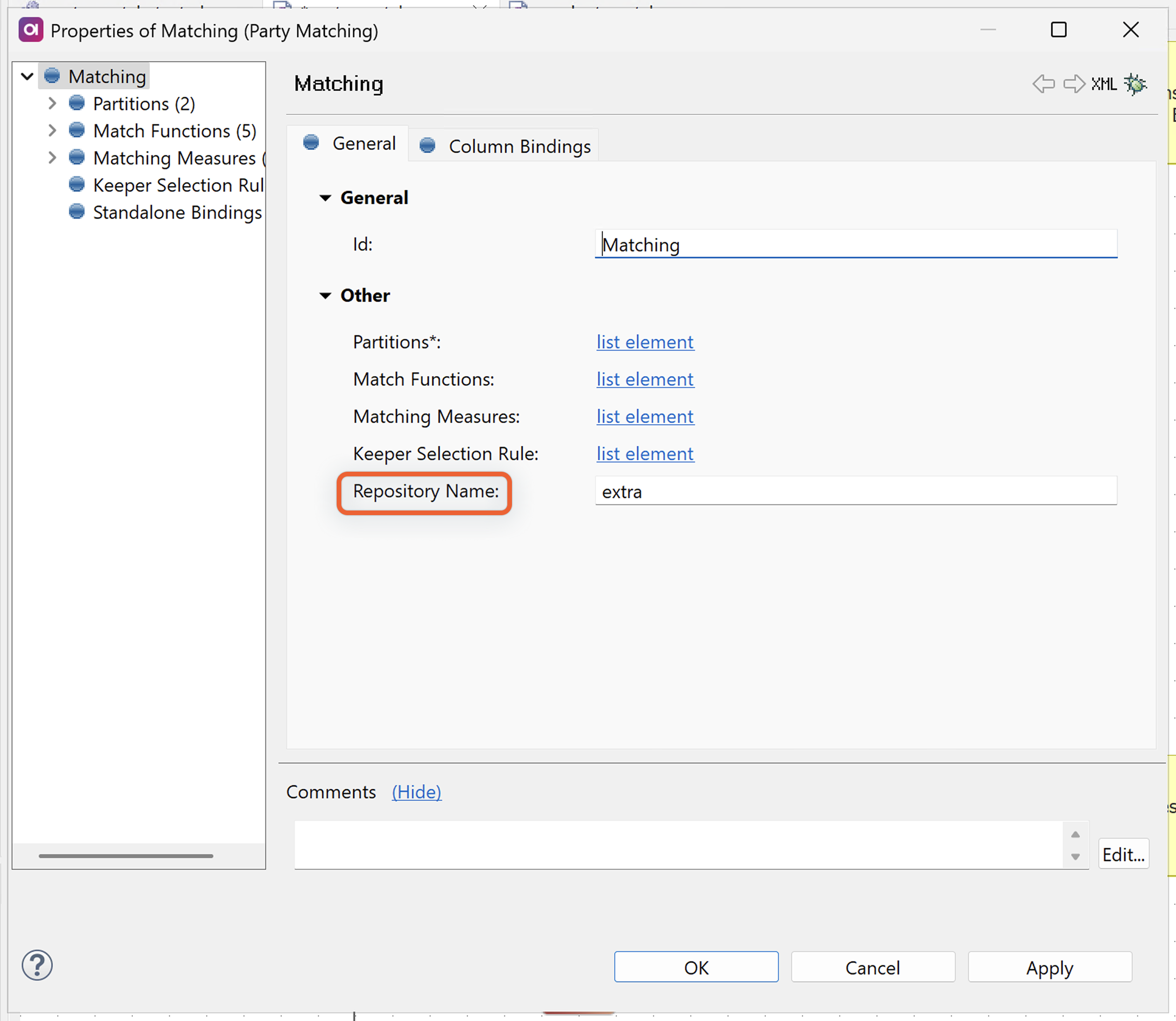 Matching step - Configure repository name