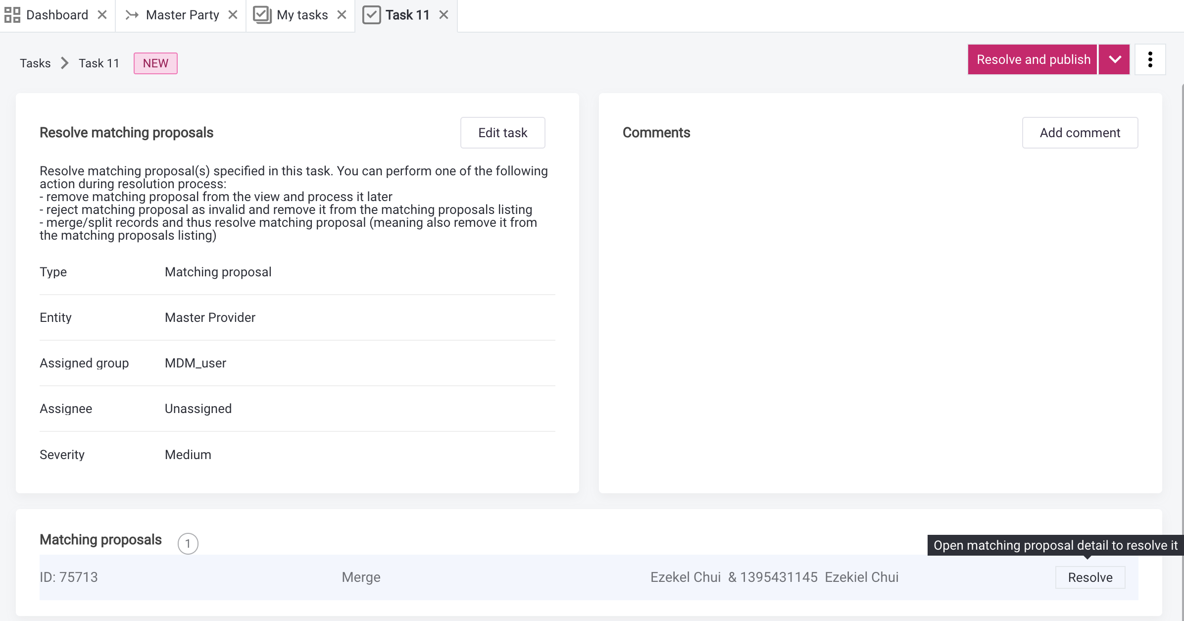 Matching proposals section in task detail