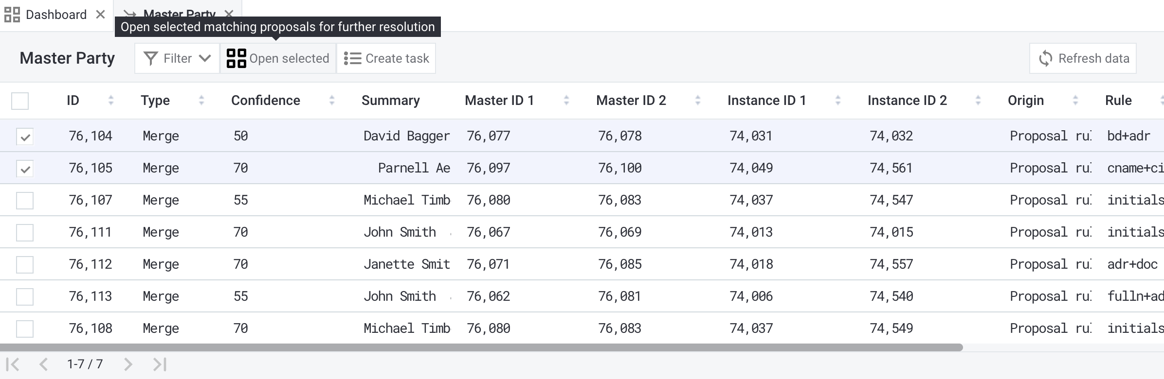Selecting matching proposals in listing